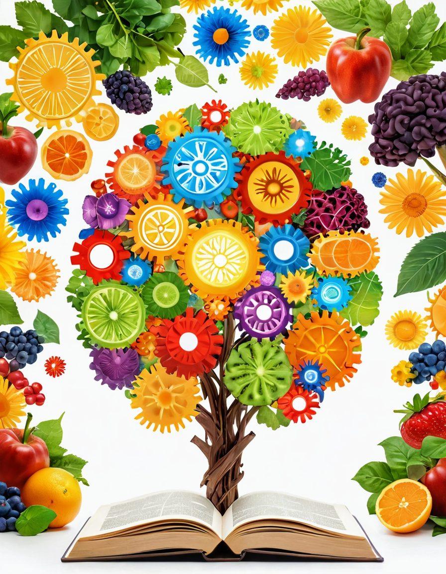 A visual representation of a brain illuminating with glowing gears, symbolizing knowledge and understanding in health. Surround it with diverse individuals reading books and engaging in discussions about health choices. Incorporate vibrant fruits and vegetables as symbols of nutrition and wellness. The background features a tranquil nature scene to evoke a sense of empowerment and clarity. super-realistic. vibrant colors. white background.