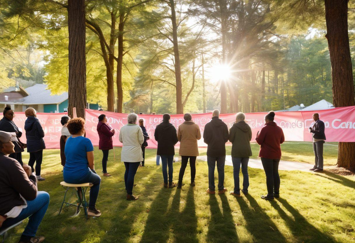 A diverse group of people gathered in a circle, engaging in heartfelt discussions about cancer care. In the background, a supportive community center with banners promoting advocacy and education on cancer support. Soft sunlight filtering through the trees, symbolizing hope and unity. Encourage a sense of warmth and empowerment among the people. vibrant colors. soft focus.