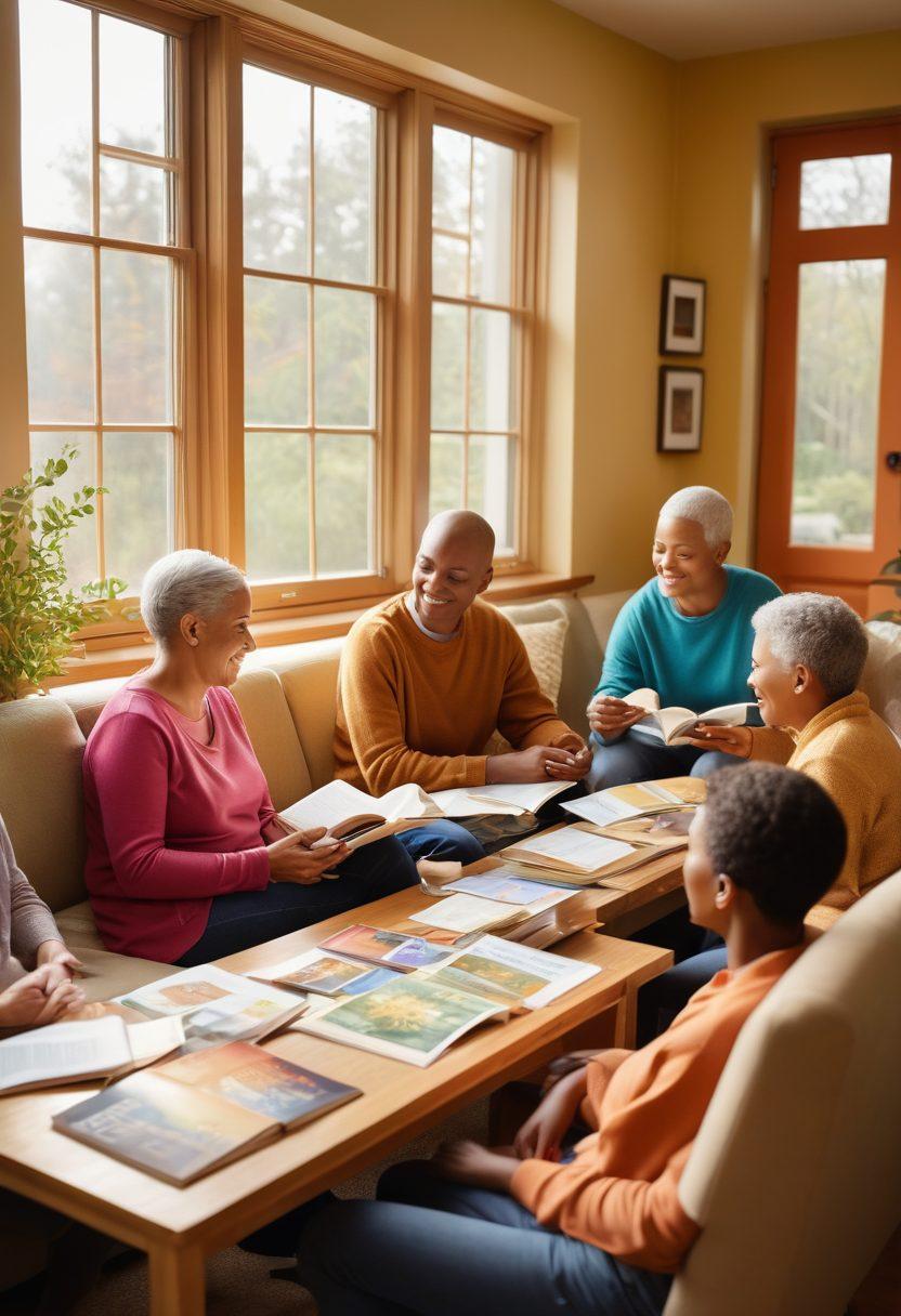 A warm and inviting scene depicting a diverse group of cancer patients and their families engaged in a supportive environment, surrounded by educational materials like books and brochures. Bright and hopeful colors symbolize empowerment, with soft natural light illuminating a cozy room. A subtle backdrop of nature can be seen through windows, conveying a sense of hope and healing. super-realistic. vibrant colors. warm tones.